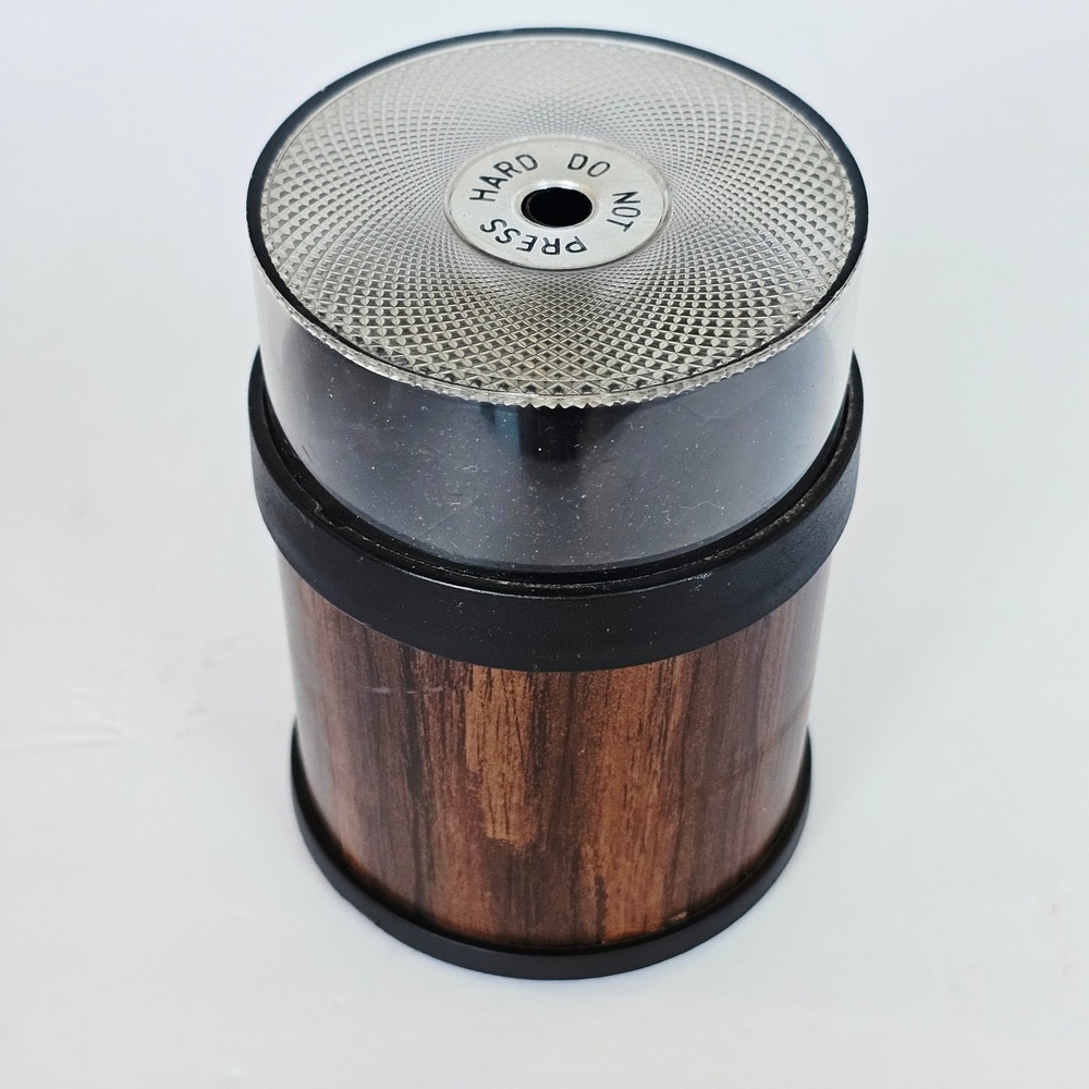 Vintage Battery Operated Pencil Sharpener Faux Wood Grain MCM Desk Accessory